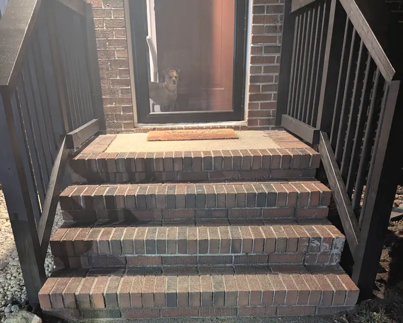 New black metal railings on brick entry steps